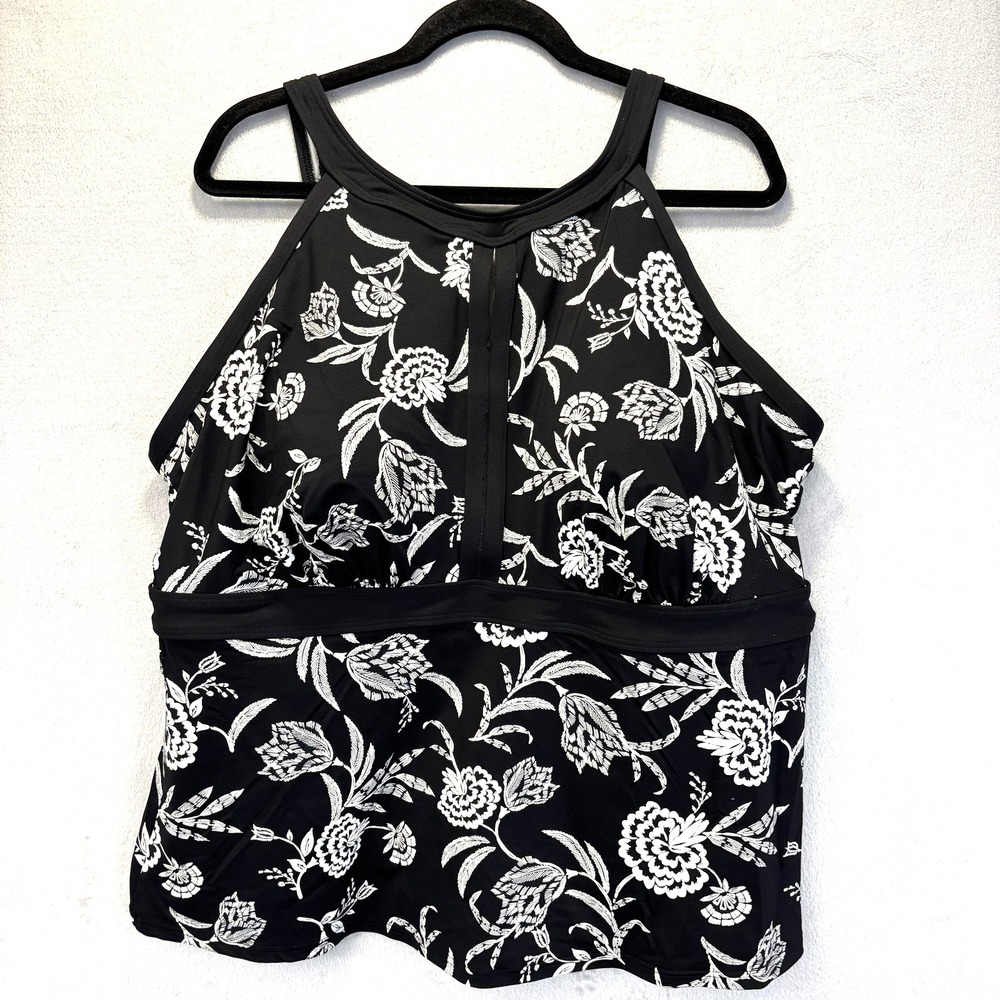 Lands' End Fully Lined Tankini Swimsuit Top Womens 24W DDD Black Floral Bra
